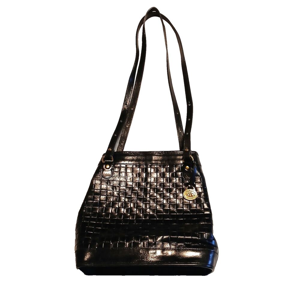 Vtg Brahmin Black Leather Basketweave Center Divider Shoulder Bag Bucket Purse